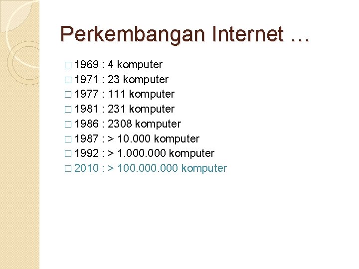 Perkembangan Internet … � 1969 : 4 komputer � 1971 : 23 komputer �