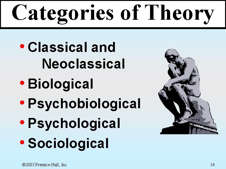 Categories of Theory • Classical and Neoclassical • Biological • Psychobiological • Psychological • Categories of Theory • Classical and Neoclassical • Biological • Psychobiological • Psychological •