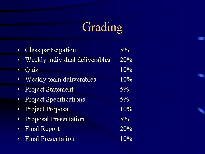 Grading • • • Class participation Weekly individual deliverables Quiz Weekly team deliverables Project