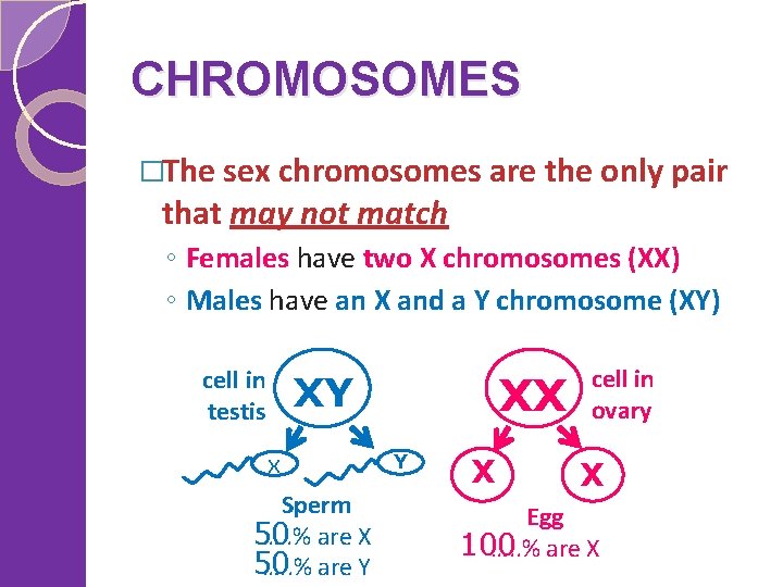 CHROMOSOMES �The sex chromosomes are the only pair that may not match ◦ Females