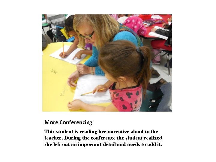 More Conferencing This student is reading her narrative aloud to the teacher. During the