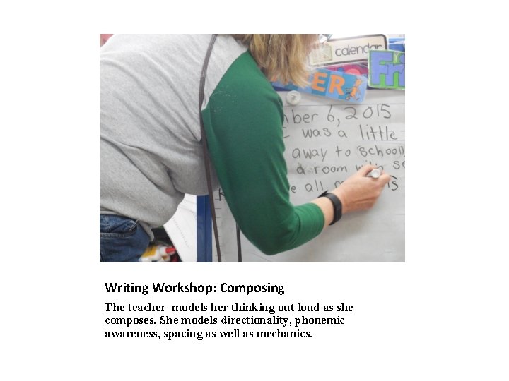 Writing Workshop: Composing The teacher models her thinking out loud as she composes. She