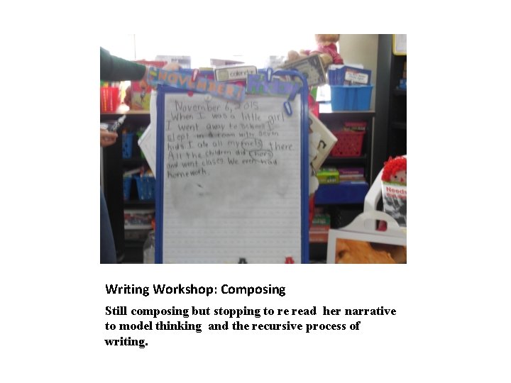 Writing Workshop: Composing Still composing but stopping to re read her narrative to model