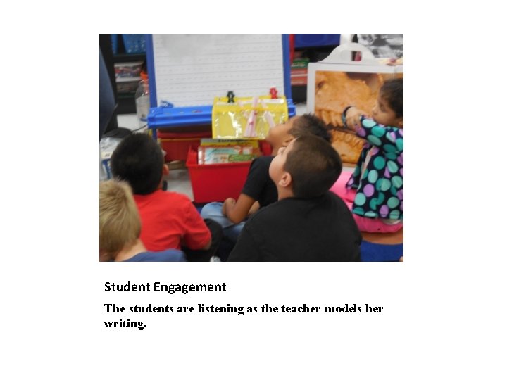 Student Engagement The students are listening as the teacher models her writing. 