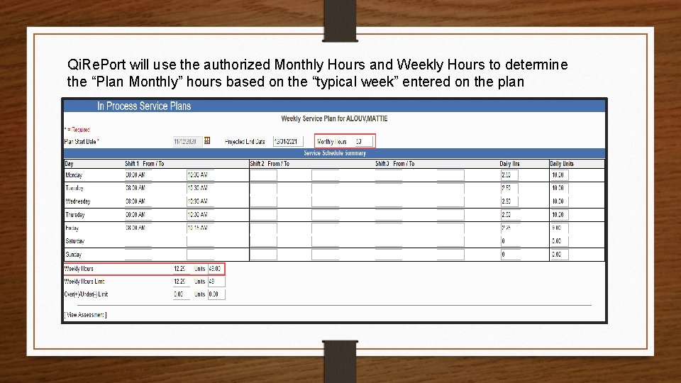 Qi. Re. Port will use the authorized Monthly Hours and Weekly Hours to determine