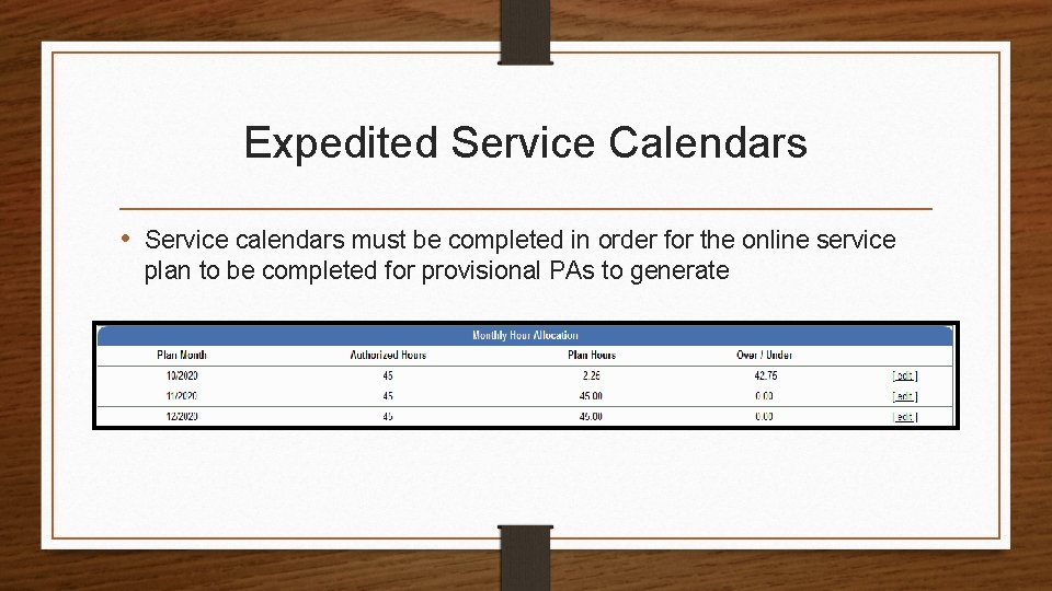 Expedited Service Calendars • Service calendars must be completed in order for the online