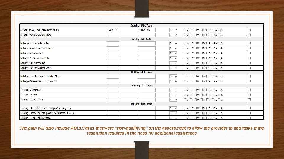 The plan will also include ADLs/Tasks that were “non-qualifying” on the assessment to allow