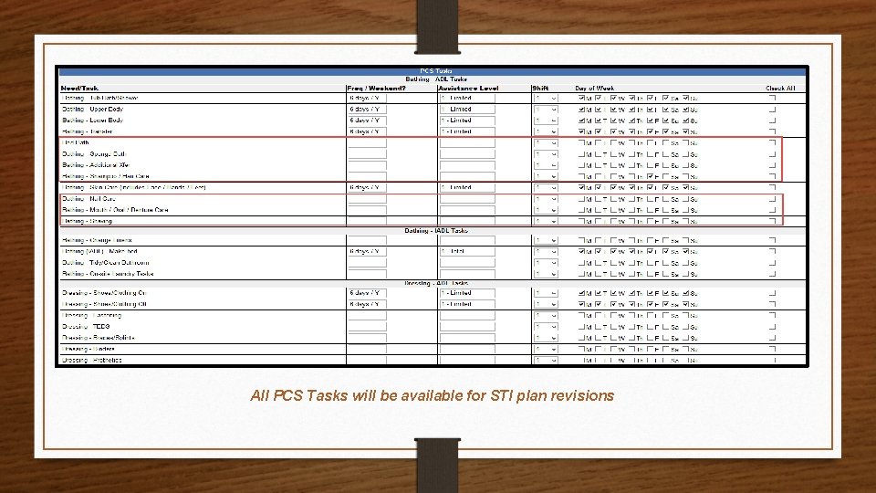 All PCS Tasks will be available for STI plan revisions 