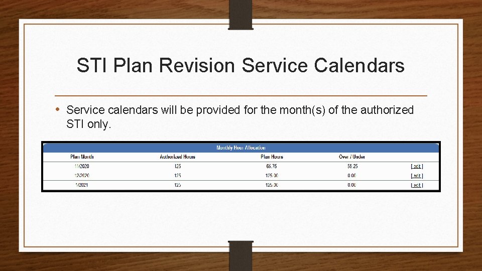 STI Plan Revision Service Calendars • Service calendars will be provided for the month(s)