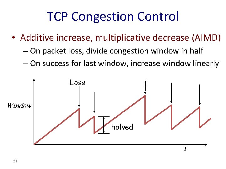 TCP Congestion Control • Additive increase, multiplicative decrease (AIMD) – On packet loss, divide TCP Congestion Control • Additive increase, multiplicative decrease (AIMD) – On packet loss, divide