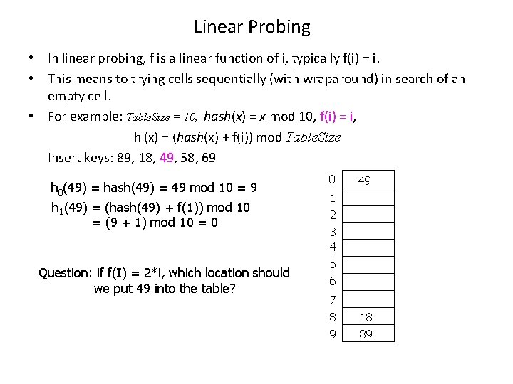 Linear Probing • In linear probing, f is a linear function of i, typically