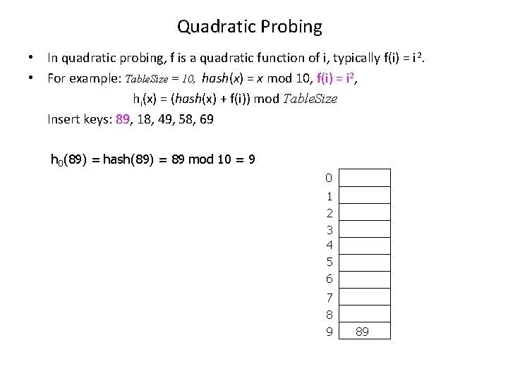 Quadratic Probing • In quadratic probing, f is a quadratic function of i, typically