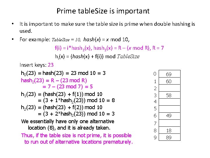 Prime table. Size is important • It is important to make sure the table