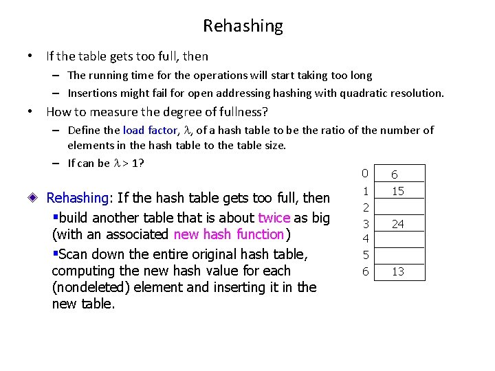 Rehashing • If the table gets too full, then – The running time for