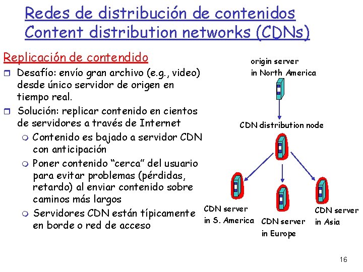 Redes de distribución de contenidos Content distribution networks (CDNs) Replicación de contendido Desafío: envío