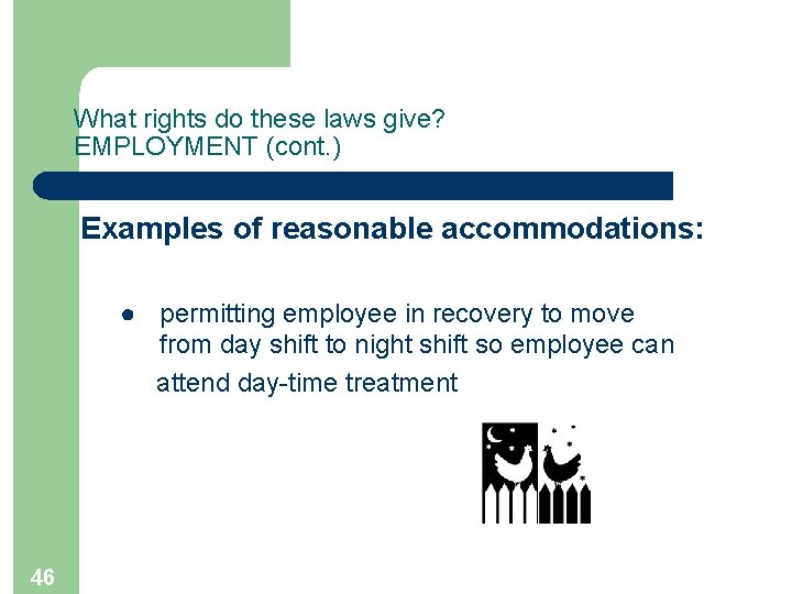 What rights do these laws give? EMPLOYMENT (cont. ) Examples of reasonable accommodations: ●