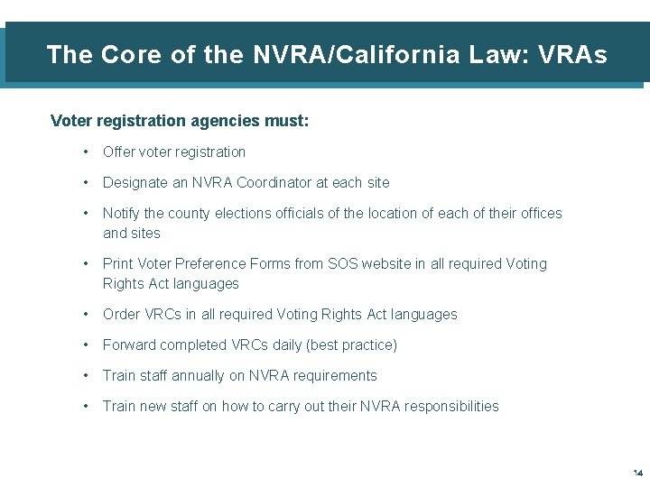 The Core of the NVRA/California Law: VRAs Voter registration agencies must: • Offer voter