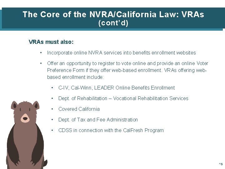 The Core of the NVRA/California Law: VRAs (cont’d) VRAs must also: • Incorporate online