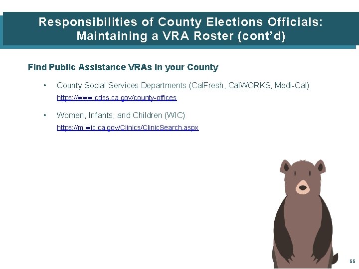 Responsibilities of County Elections Officials: Maintaining a VRA Roster (cont’d) Find Public Assistance VRAs