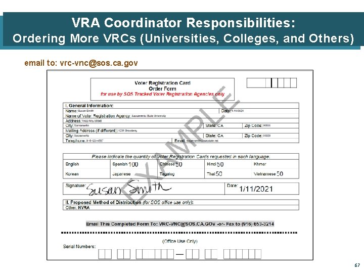 VRA Coordinator Responsibilities: Ordering More VRCs (Universities, Colleges, and Others) email to: vrc-vnc@sos. ca.