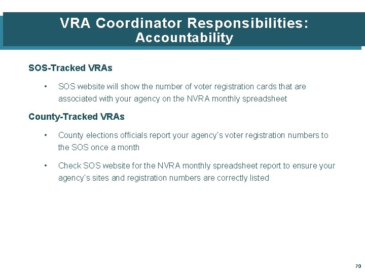 VRA Coordinator Responsibilities: Accountability SOS-Tracked VRAs • SOS website will show the number of