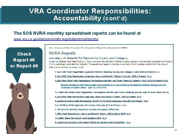 VRA Coordinator Responsibilities: Accountability (cont’d) The SOS NVRA monthly spreadsheet reports can be found