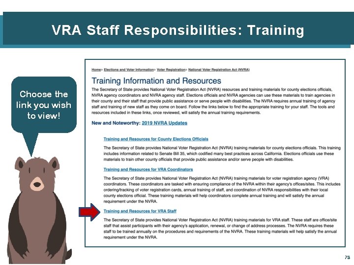 VRA Staff Responsibilities: Training Choose the link you wish to view! 78 