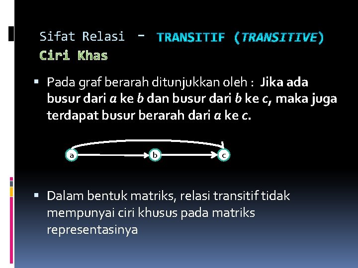 Sifat Relasi Ciri Khas - Pada graf berarah ditunjukkan oleh : Jika ada busur