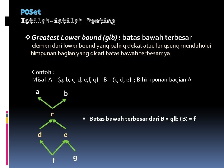 POSet Istilah-istilah Penting v. Greatest Lower bound (glb) : batas bawah terbesar elemen dari