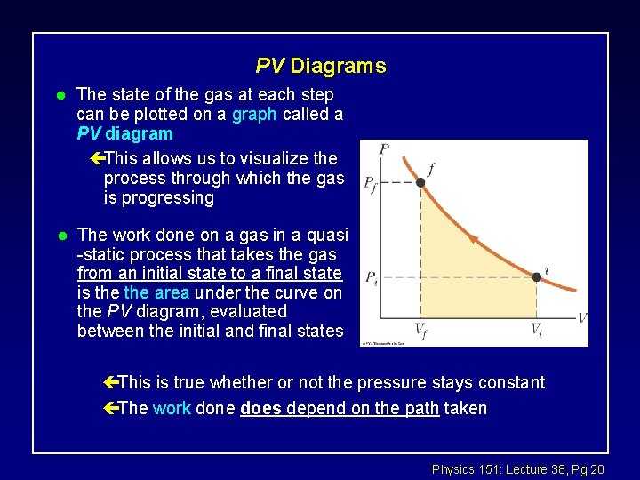 PV Diagrams l The state of the gas at each step can be plotted