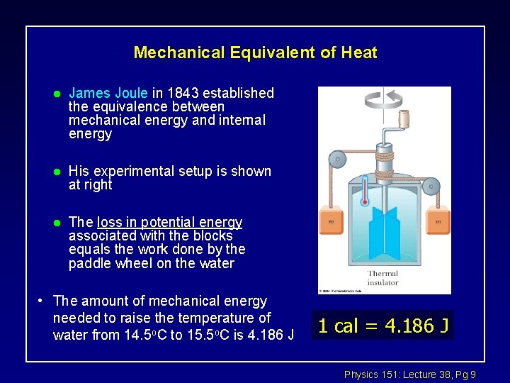 Mechanical Equivalent of Heat l James Joule in 1843 established the equivalence between mechanical