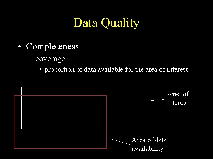 Data Quality • Completeness – coverage • proportion of data available for the area