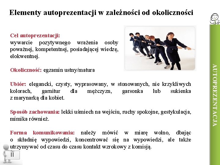 Elementy autoprezentacji w zależności od okoliczności Cel autoprezentacji: wywarcie pozytywnego wrażenia osoby poważnej, kompetentnej,