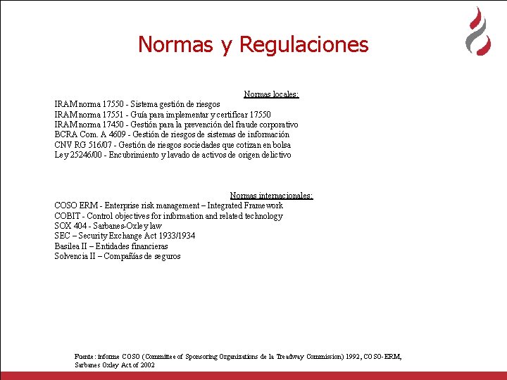 Normas y Regulaciones Normas locales: IRAM norma 17550 - Sistema gestión de riesgos IRAM