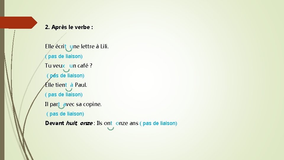 2. Après le verbe : Elle écrit une lettre à Lili. ( pas de