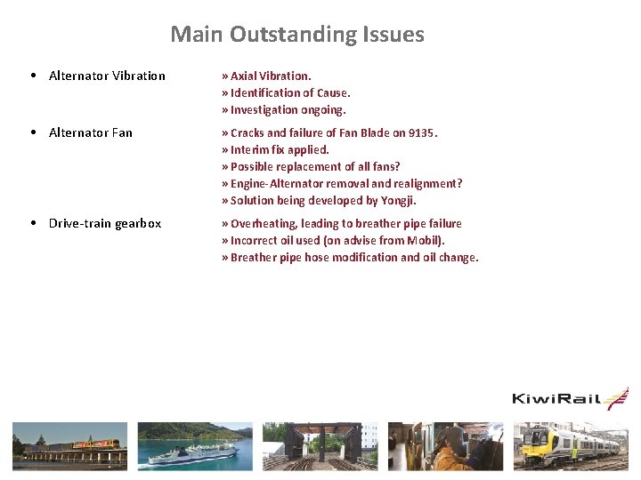 Main Outstanding Issues • Alternator Vibration » Axial Vibration. » Identification of Cause. »