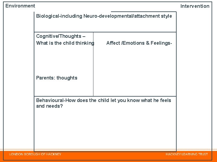 Environment Intervention Biological-including Neuro-developmental/attachment style Cognitive/Thoughts – What is the child thinking Affect /Emotions Environment Intervention Biological-including Neuro-developmental/attachment style Cognitive/Thoughts – What is the child thinking Affect /Emotions