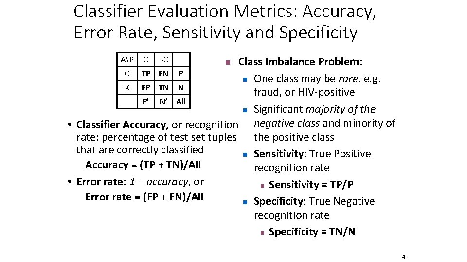 Classifier Evaluation Metrics: Accuracy, Error Rate, Sensitivity and Specificity Class Imbalance Problem: C TP