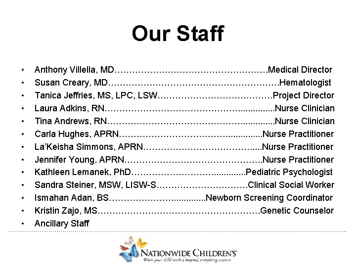 Our Staff • • • • Anthony Villella, MD………………………. Medical Director Susan Creary, MD………………………….