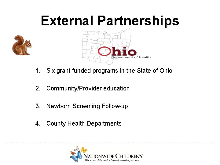 External Partnerships 1. Six grant funded programs in the State of Ohio 2. Community/Provider