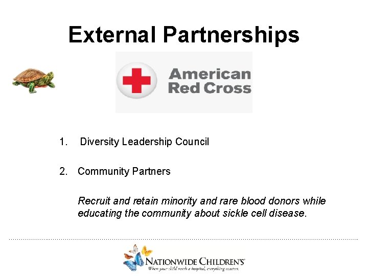 External Partnerships 1. Diversity Leadership Council 2. Community Partners Recruit and retain minority and