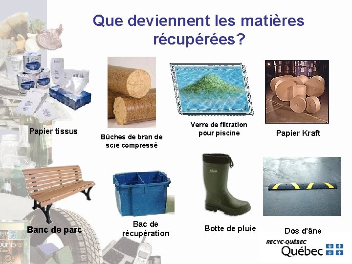 Que deviennent les matières récupérées? Papier tissus Banc de parc Bûches de bran de Que deviennent les matières récupérées? Papier tissus Banc de parc Bûches de bran de