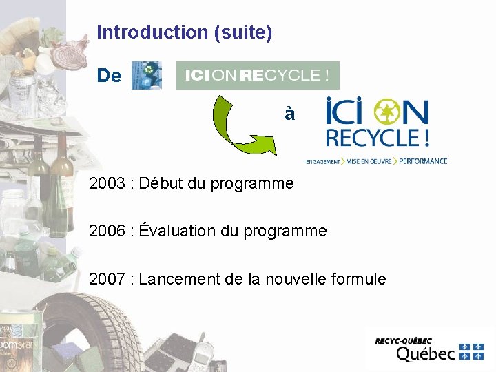Introduction (suite) De à 2003 : Début du programme 2006 : Évaluation du programme Introduction (suite) De à 2003 : Début du programme 2006 : Évaluation du programme