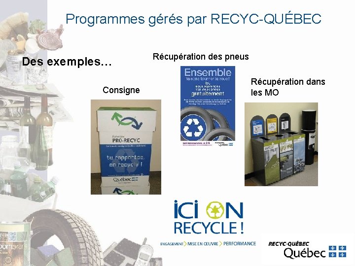 Programmes gérés par RECYC-QUÉBEC Des exemples… Consigne Récupération des pneus Récupération dans les MO Programmes gérés par RECYC-QUÉBEC Des exemples… Consigne Récupération des pneus Récupération dans les MO