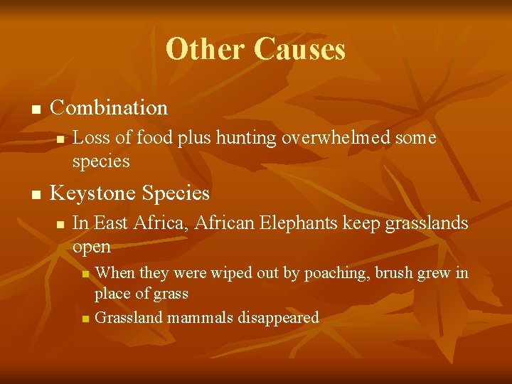 Other Causes n Combination n n Loss of food plus hunting overwhelmed some species