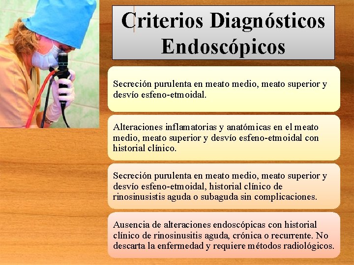 Criterios Diagnósticos Endoscópicos Secreción purulenta en meato medio, meato superior y desvío esfeno-etmoidal. Alteraciones