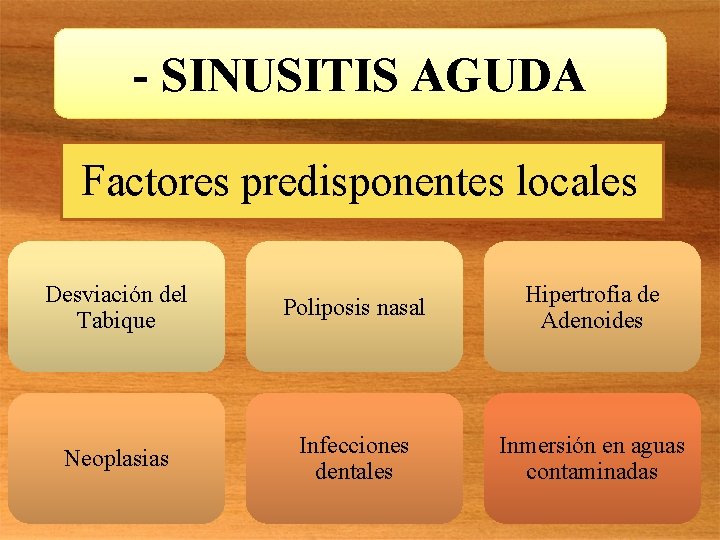 - SINUSITIS AGUDA Factores predisponentes locales Desviación del Tabique Poliposis nasal Hipertrofia de Adenoides