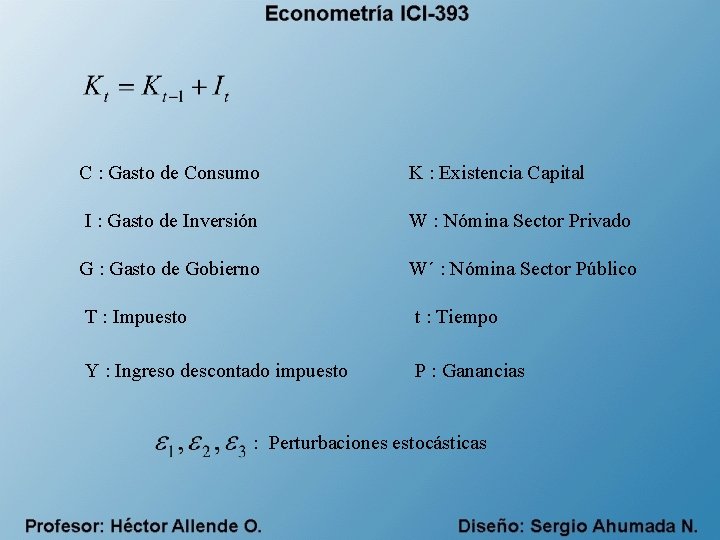 C : Gasto de Consumo K : Existencia Capital I : Gasto de Inversión