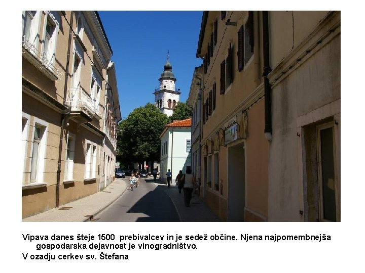 Vipava danes šteje 1500 prebivalcev in je sedež občine. Njena najpomembnejša gospodarska dejavnost je