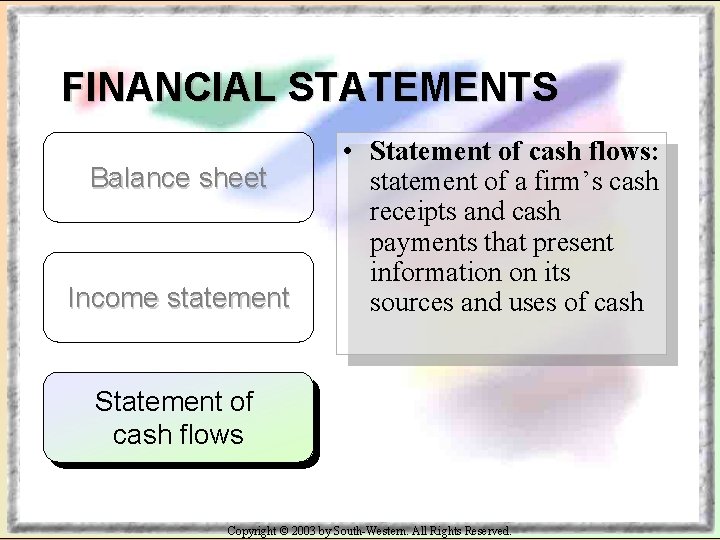 FINANCIAL STATEMENTS Balance sheet Income statement • Statement of cash flows: statement of a